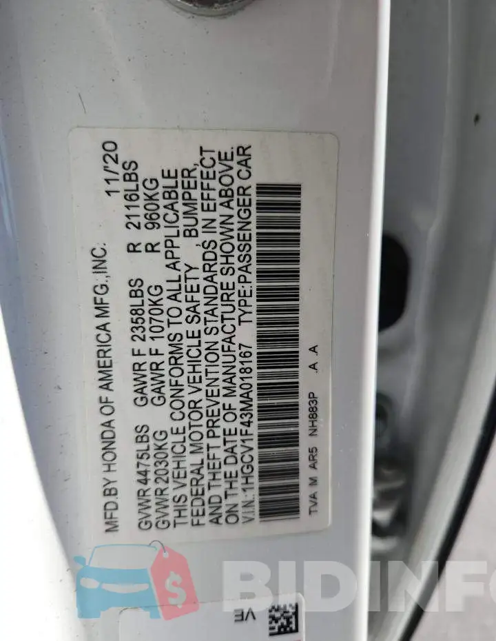 1HGCV1F43MA018167 Photo# 12