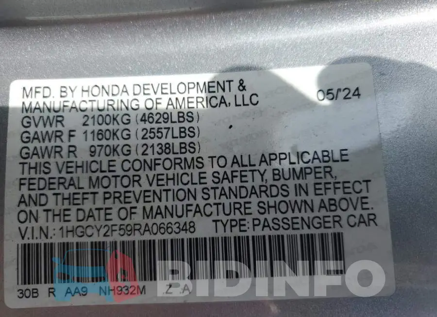 1HGCY2F59RA066348 Photo# 12
