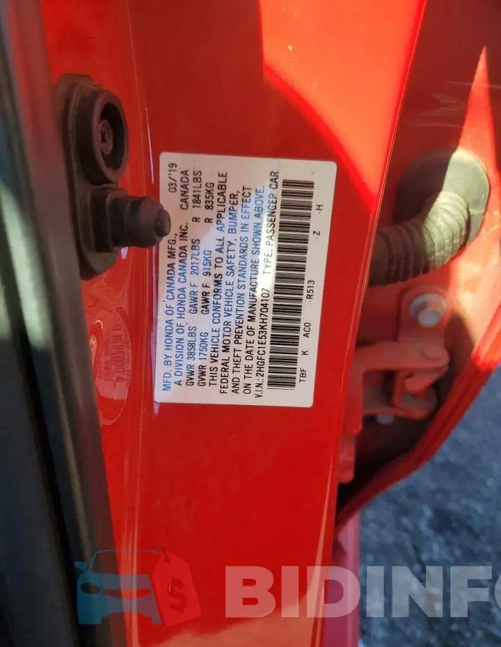 2HGFC1E53KH704107 Photo# 12