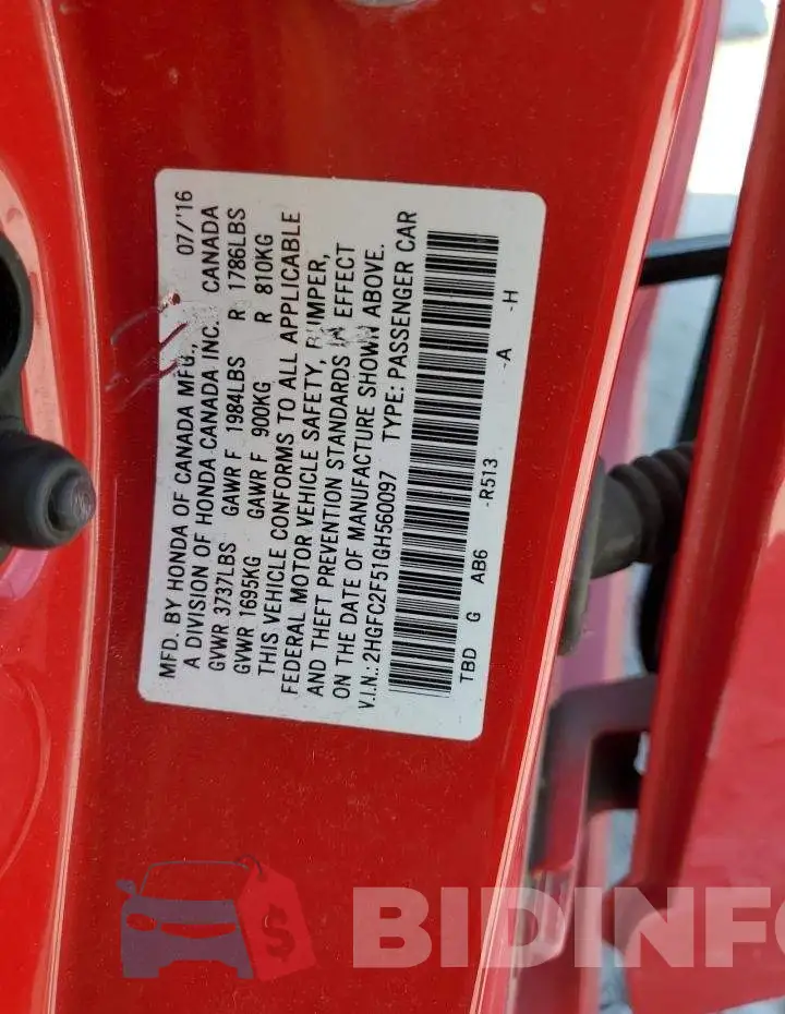 2HGFC2F51GH560097 Photo# 12