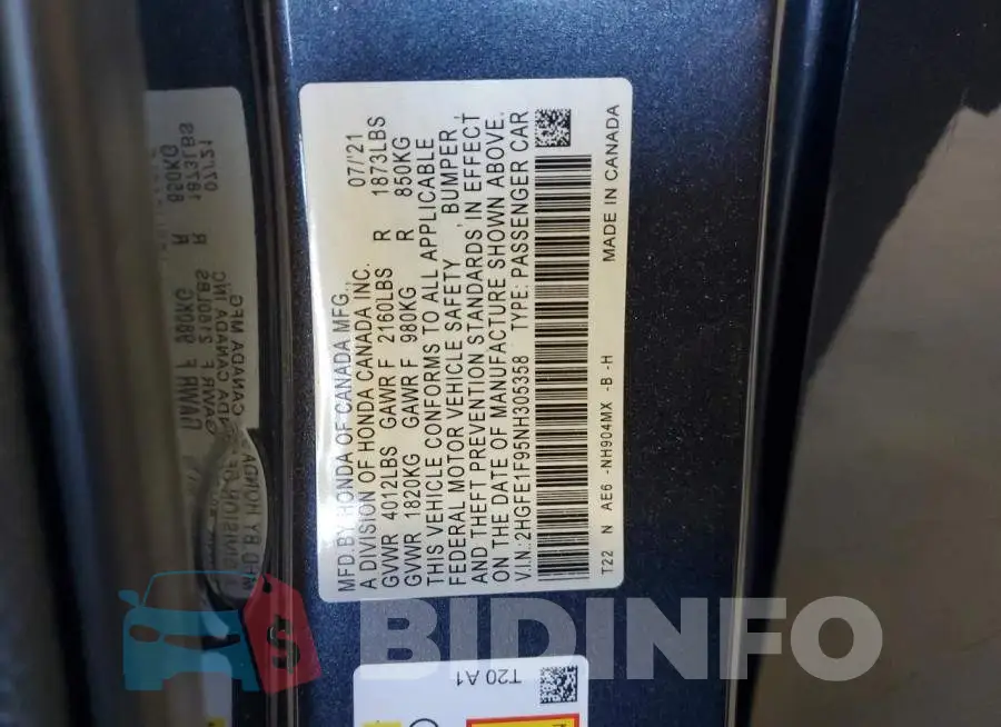 2HGFE1F95NH305358 Photo# 13