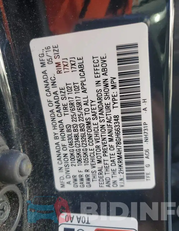 2HKRM4H78GH663348 Photo# 13