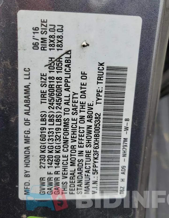 5FPYK3F6XHB005382 Photo# 12