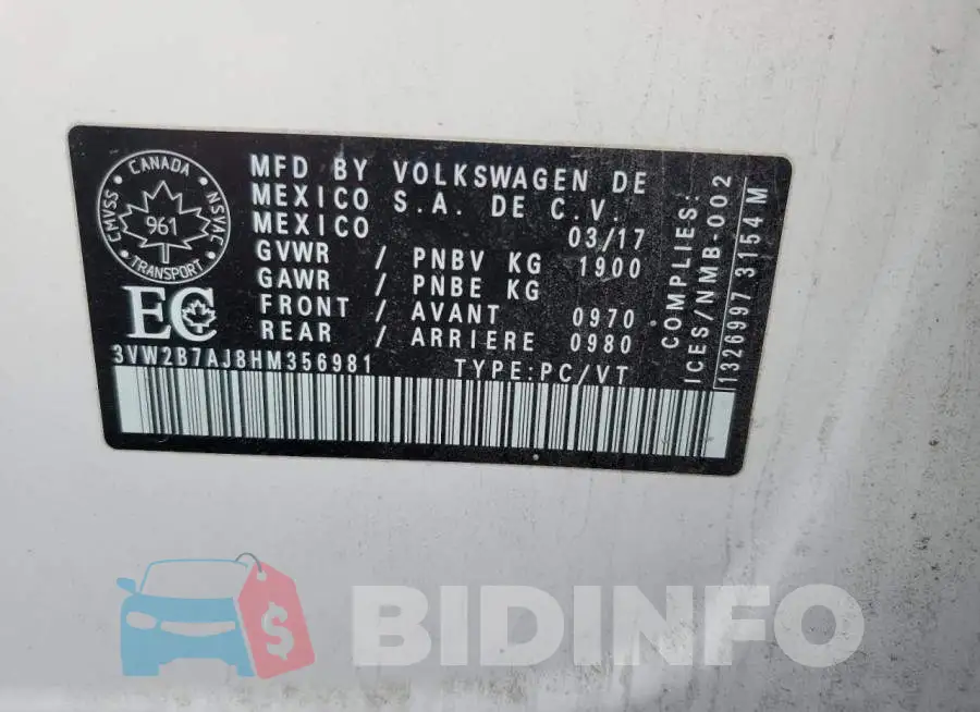 3VW2B7AJ8HM356981 Photo# 13