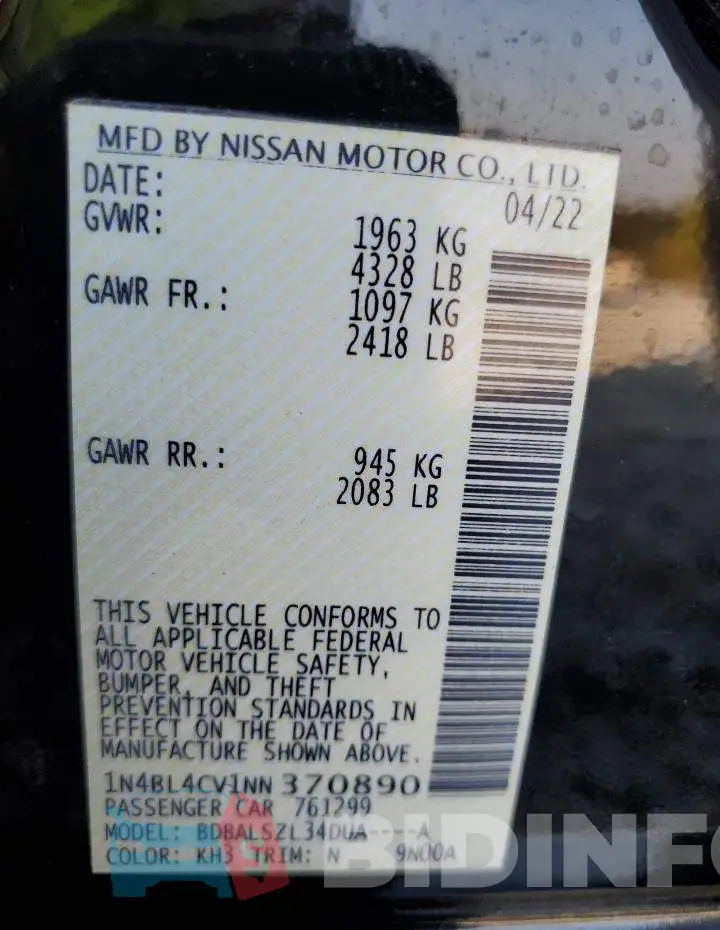 1N4BL4CV1NN370890 Photo# 12