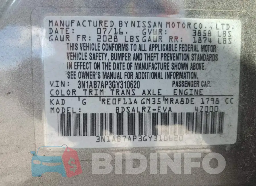 3N1AB7AP3GY310620 Photo# 13