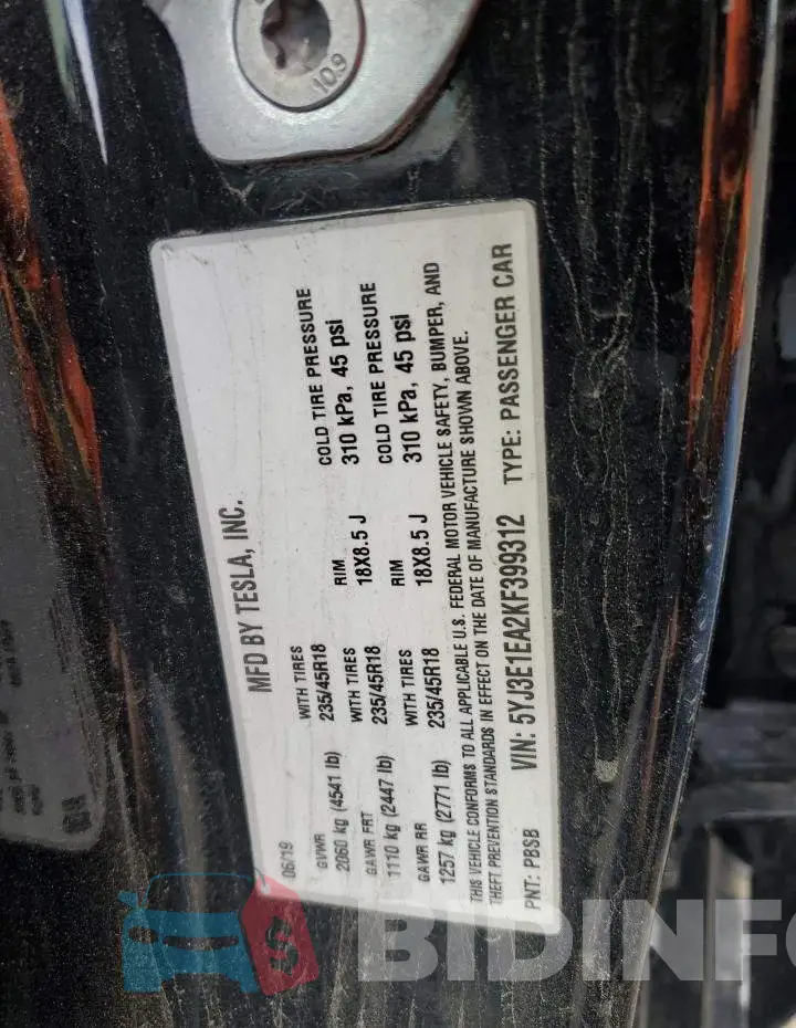 5YJ3E1EA2KF399312 Photo# 12