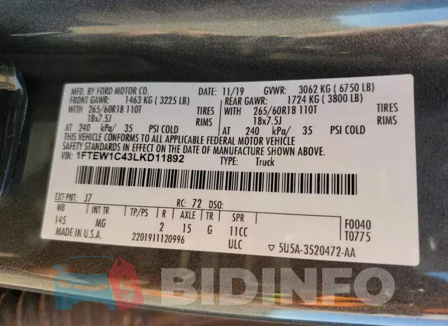 1FTEW1C43LKD11892 Photo# 12