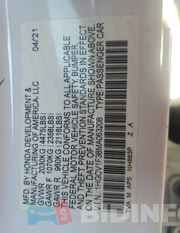 1HGCV1F38MA063208 Photo# 12