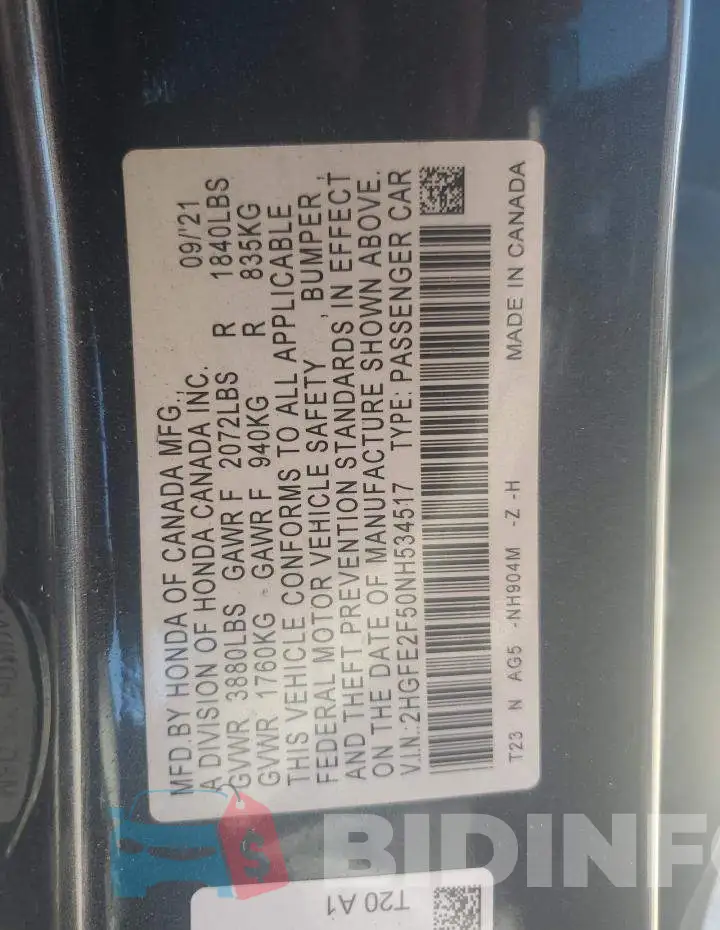 2HGFE2F50NH534517 Photo# 12