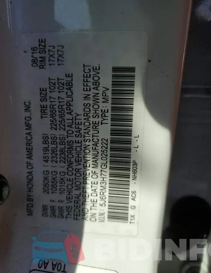 5J6RM3H77GL025222 Photo# 13
