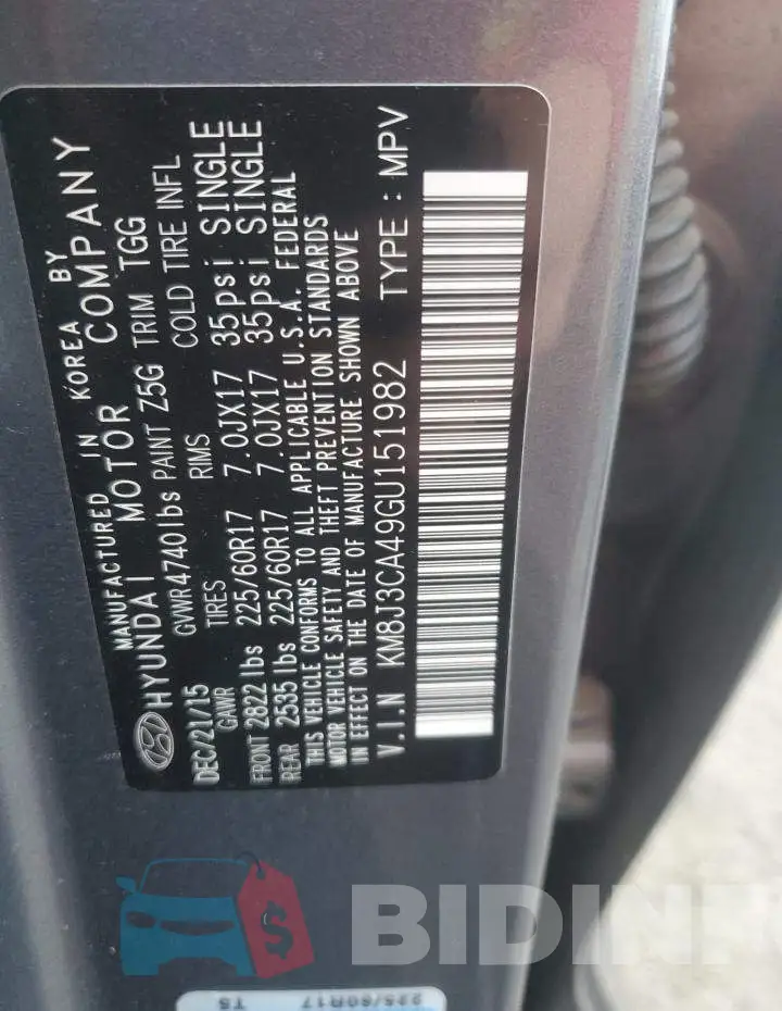 KM8J3CA49GU151982 Photo# 12