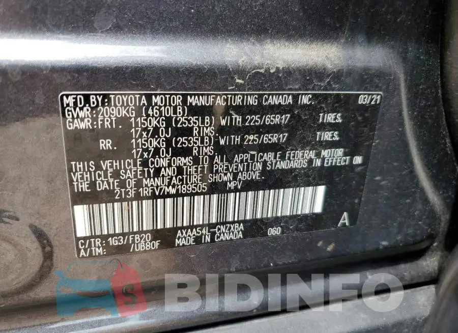 2T3F1RFV7MW189505 Photo# 13