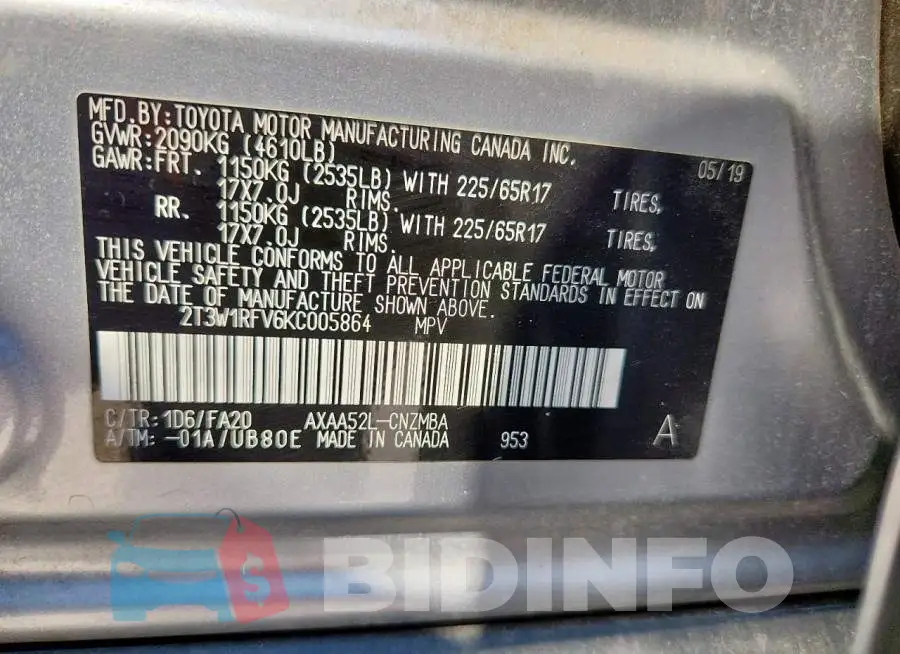 2T3W1RFV6KC005864 Photo# 14