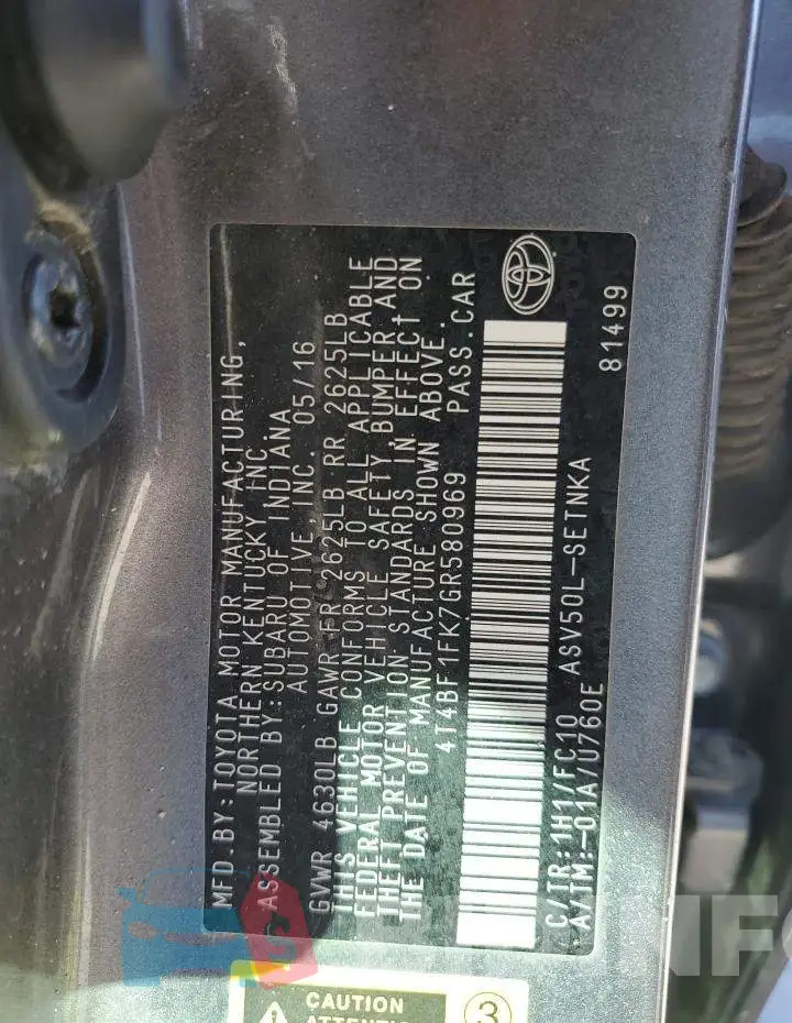 4T4BF1FK7GR580969 Photo# 12