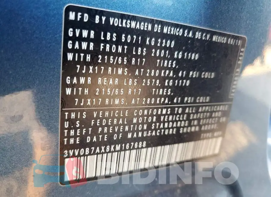 3VV0B7AX8KM167688 Photo# 13