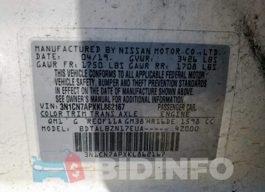 3N1CN7APXKL862167 Photo# 13