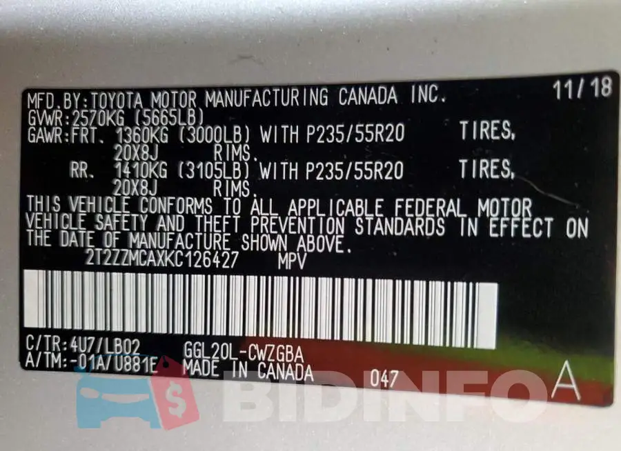 2T2ZZMCAXKC126427 Photo# 12