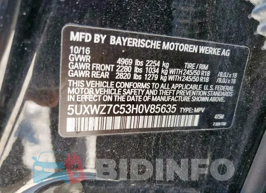 5UXWZ7C53H0V85635 Photo# 13