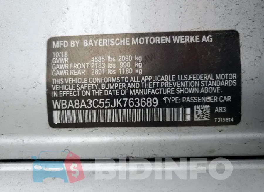 WBA8A3C55JK763689 Photo# 12