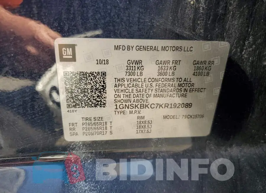 1GNSKBKC7KR192089 Photo# 14