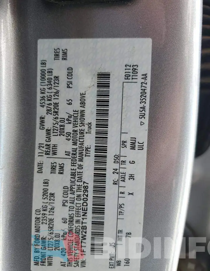 1FT7W2BT1NED02987 Photo# 12