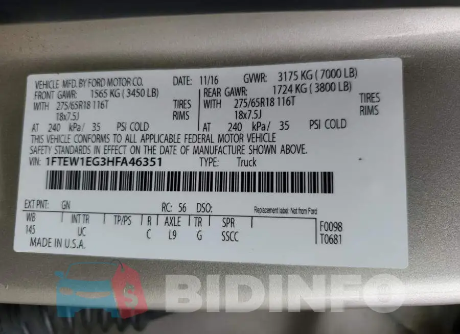 1FTEW1EG3HFA46351 Photo# 12