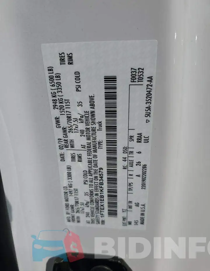 1FTEX1EB1KFB34579 Photo# 12
