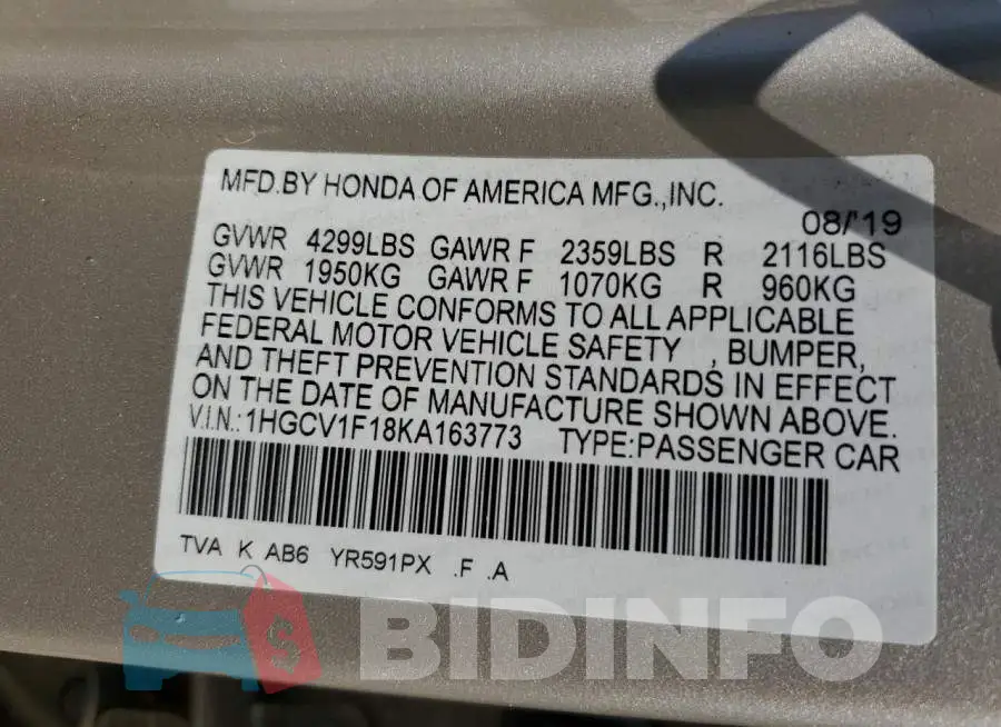 1HGCV1F18KA163773 Photo# 13
