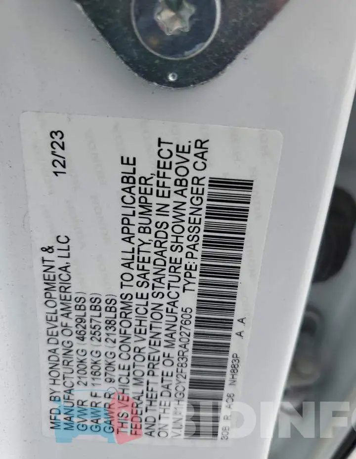 1HGCY2F83RA027605 Photo# 12