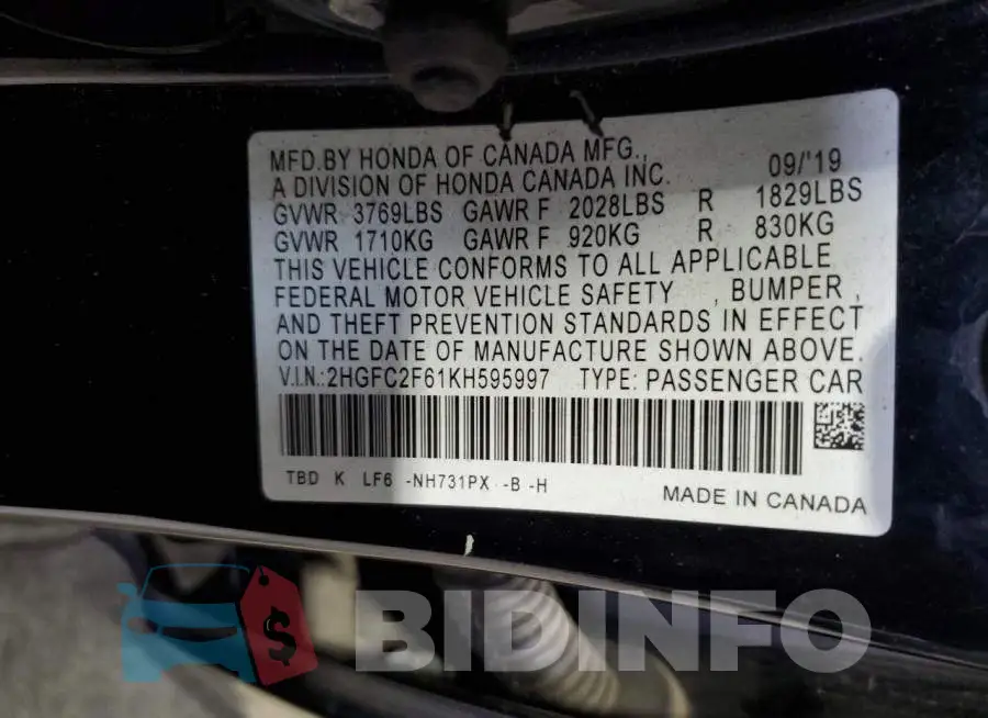 2HGFC2F61KH595997 Photo# 12