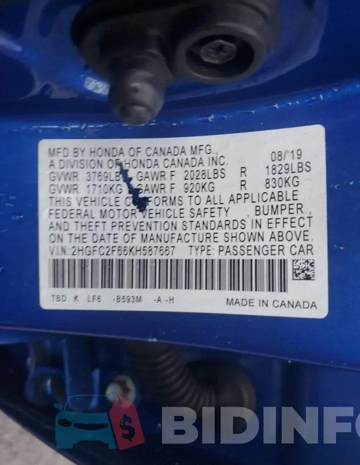 2HGFC2F66KH587667 Photo# 12