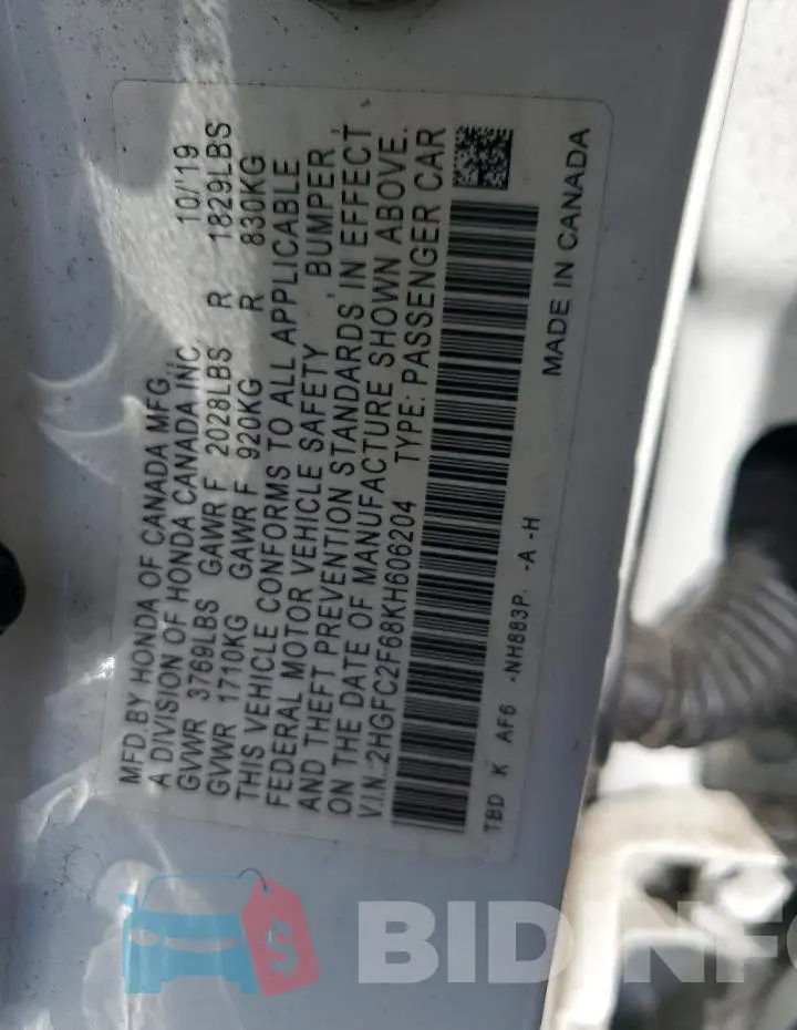 2HGFC2F68KH606204 Photo# 12