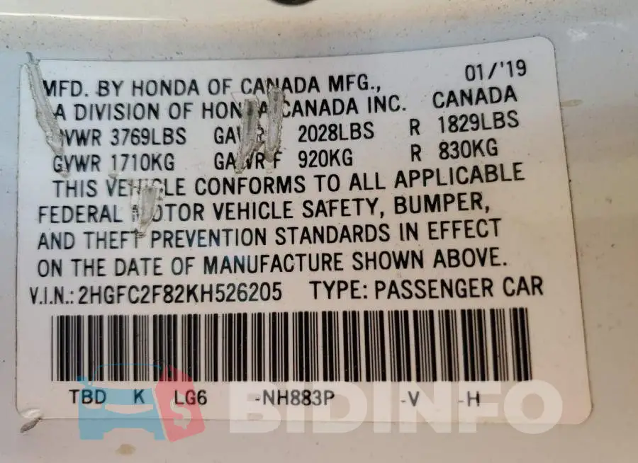 2HGFC2F82KH526205 Photo# 13