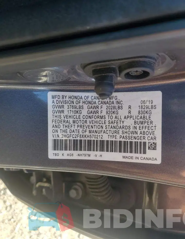 2HGFC2F8XKH570212 Photo# 12