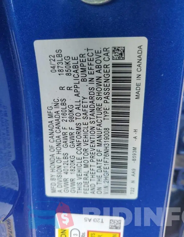 2HGFE1F76NH319008 Photo# 12