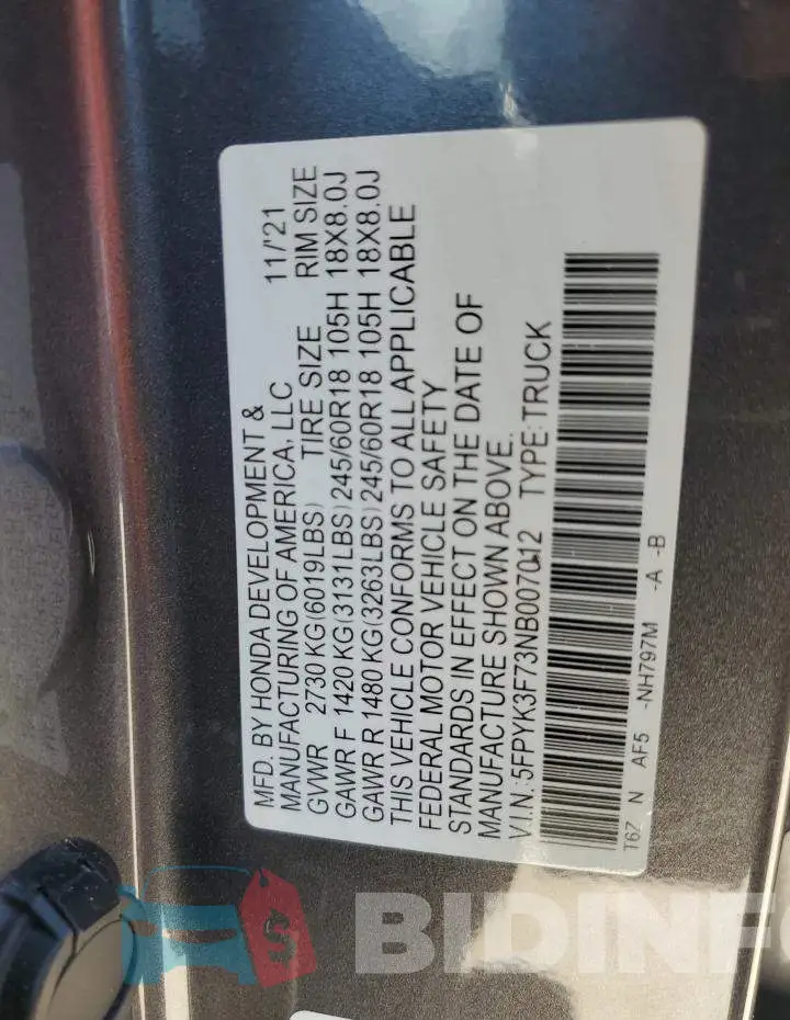 5FPYK3F73NB007012 Photo# 12