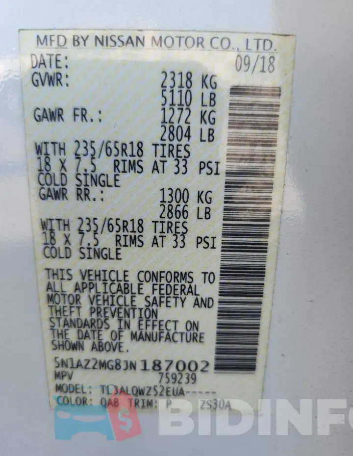 5N1AZ2MG8JN187002 Photo# 12