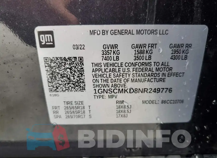 1GNSCMKD8NR249776 Photo# 13