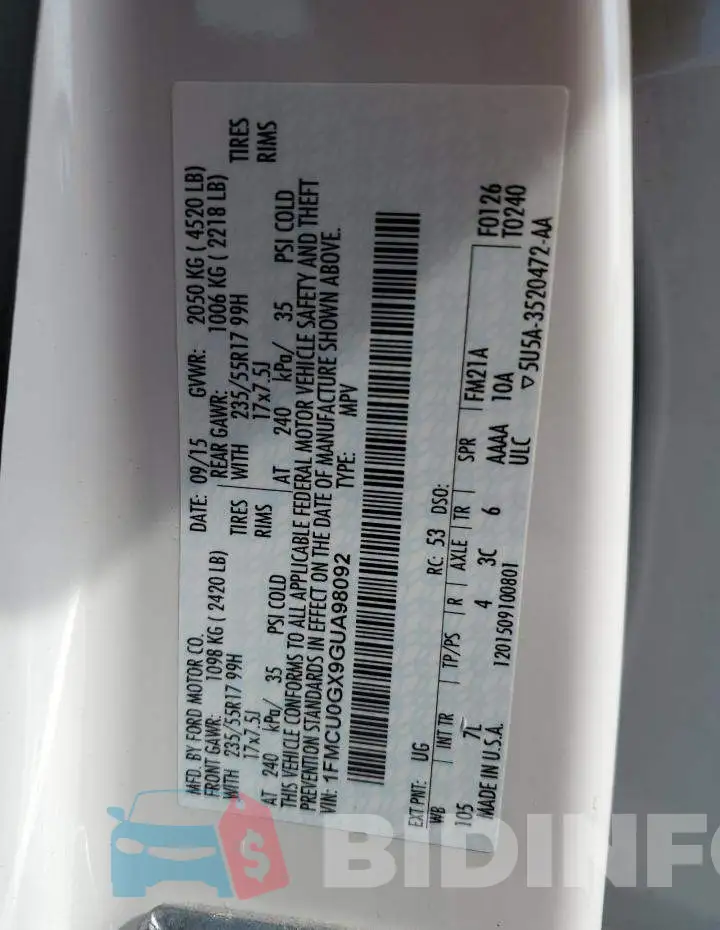 1FMCU0GX9GUA98092 Photo# 13