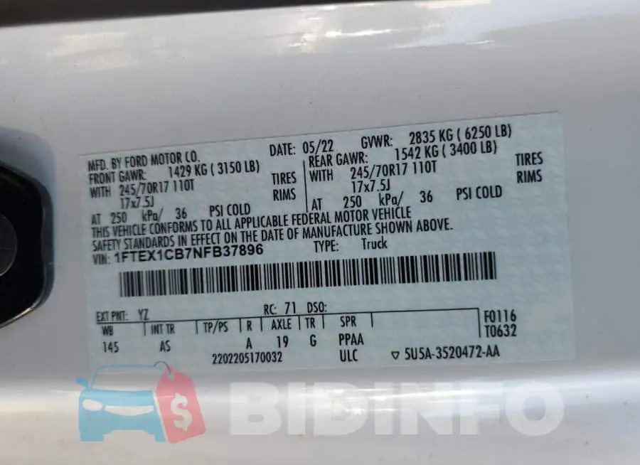 1FTEX1CB7NFB37896 Photo# 12