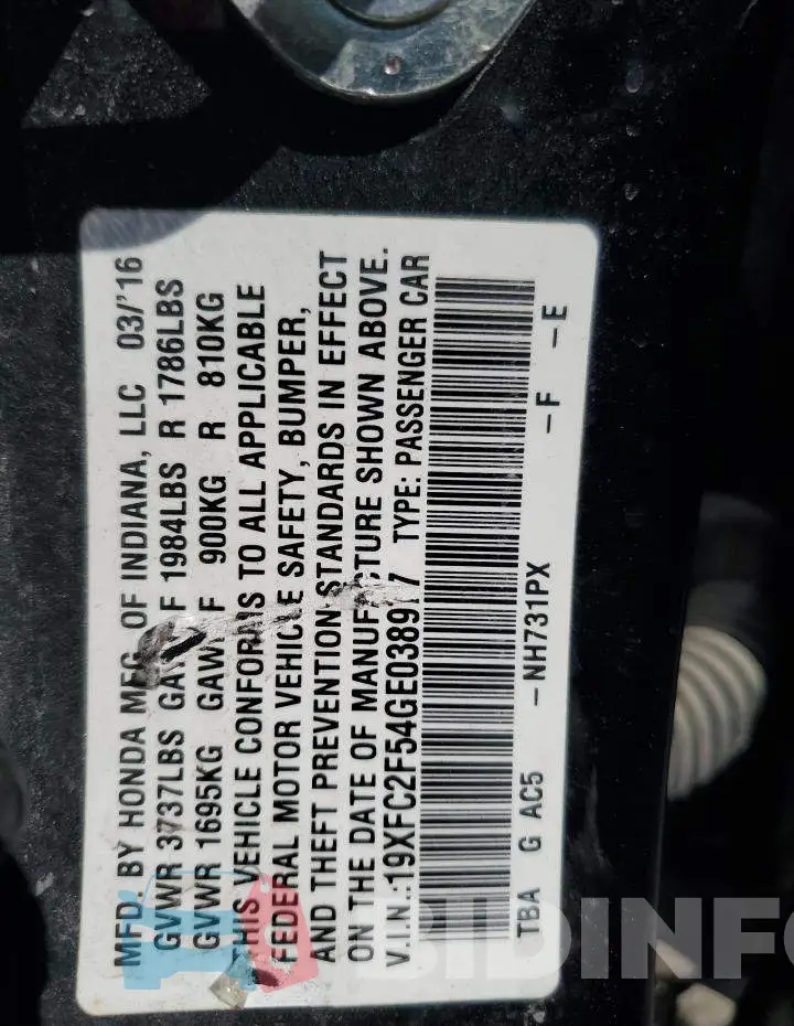 19XFC2F54GE038977 Photo# 12