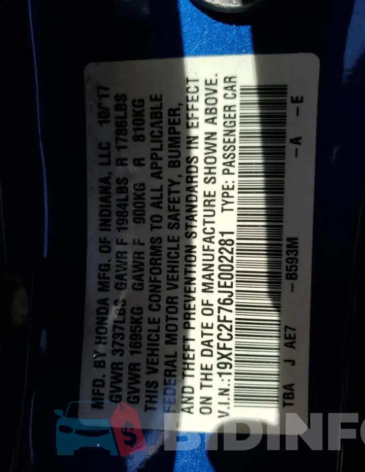 19XFC2F76JE002281 Photo# 12