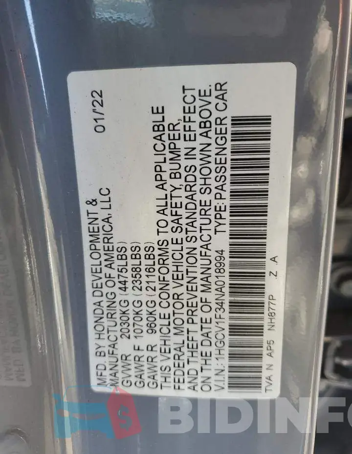 1HGCV1F34NA018994 Photo# 12