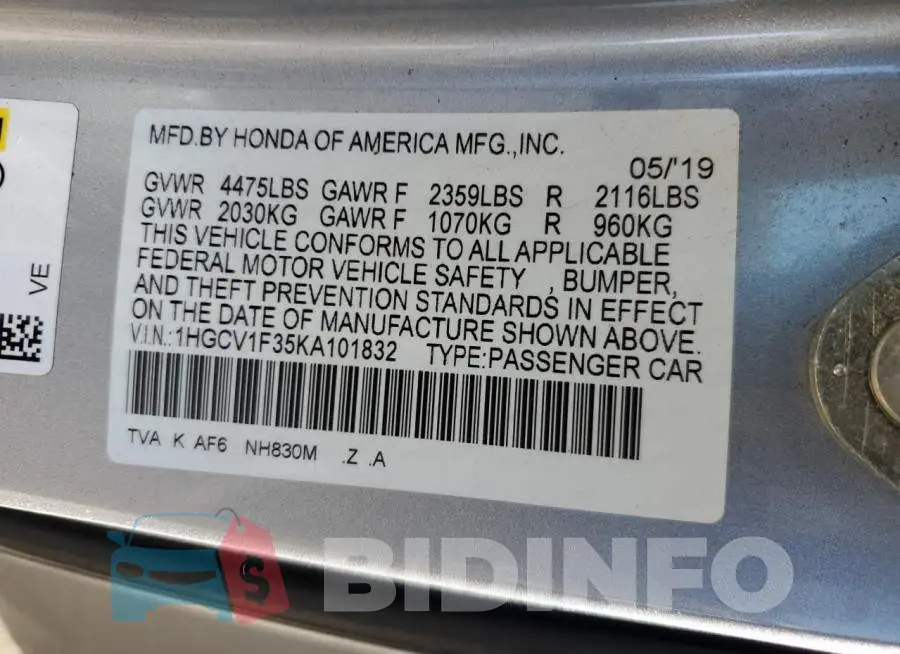 1HGCV1F35KA101832 Photo# 12