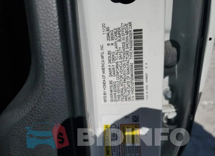 1HGCV2F92MA005542 Photo# 12