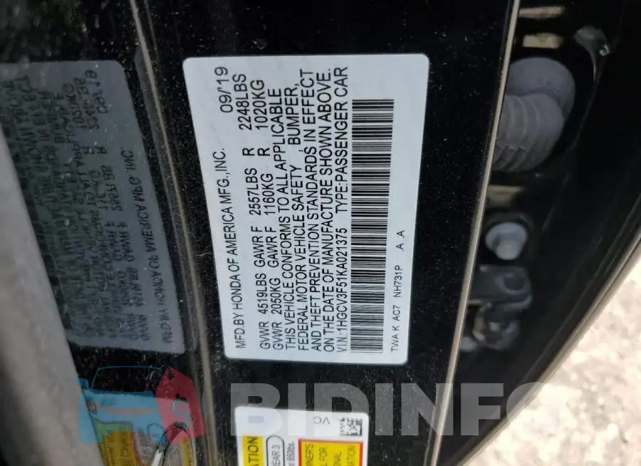 1HGCV3F51KA021375 Photo# 12