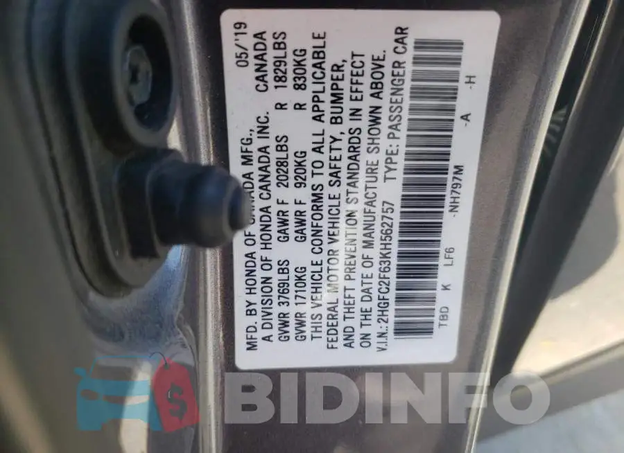 2HGFC2F63KH562757 Photo# 12