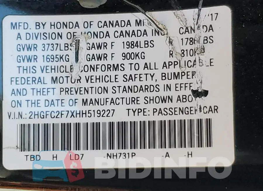 2HGFC2F7XHH519227 Photo# 13
