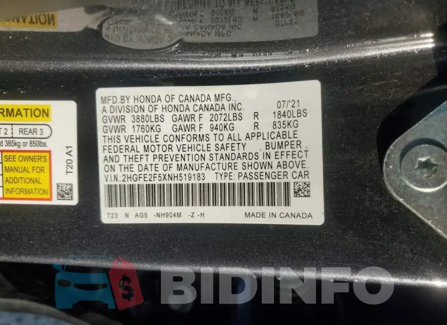 2HGFE2F5XNH519183 Photo# 13
